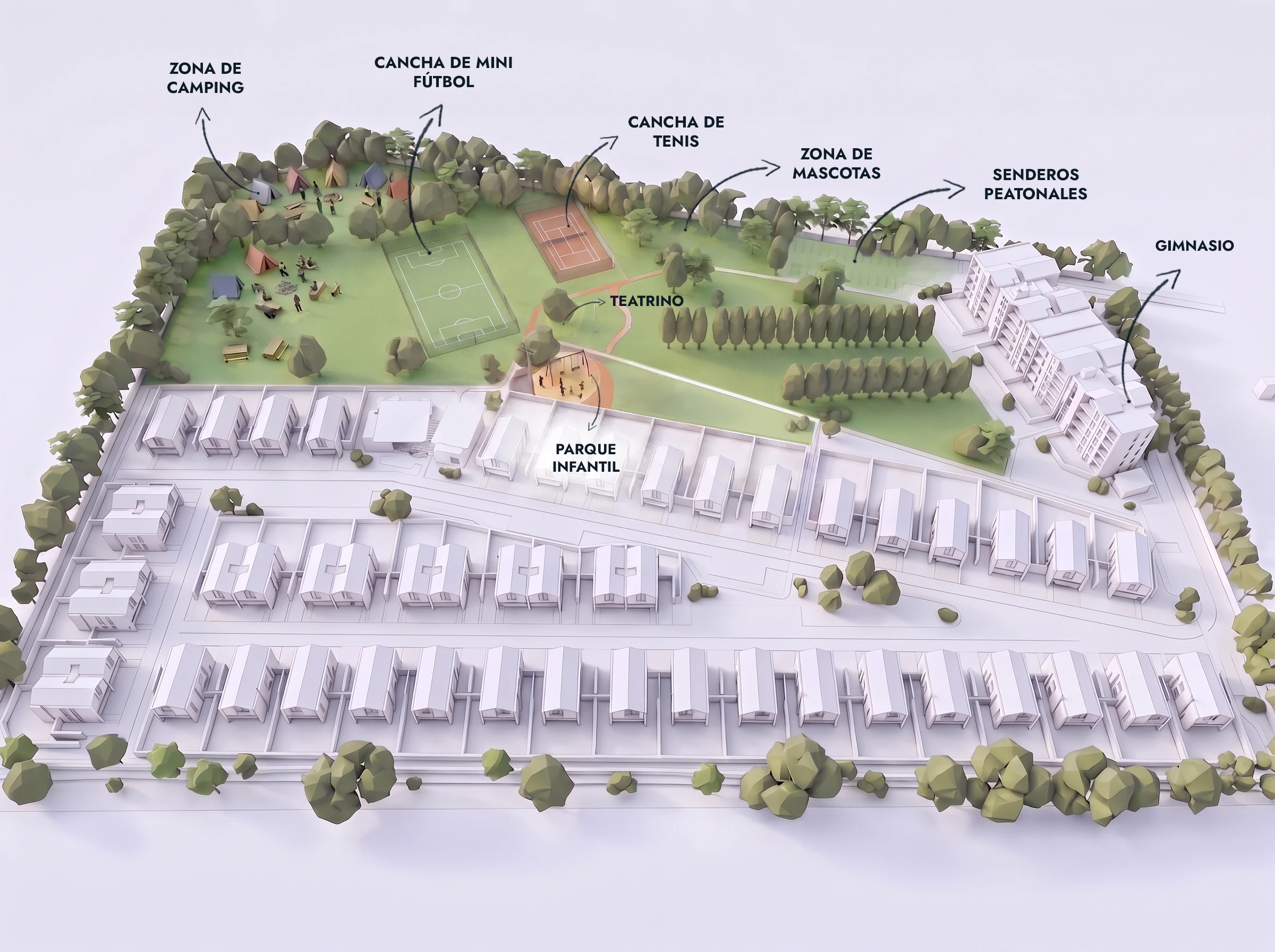 Zona de camping, canchas deportivas, zona para mascotas, senderos peatonales, teatrino, parque infantil y gimnasio: espacios de distintas escalas dentro de la estructura verde.