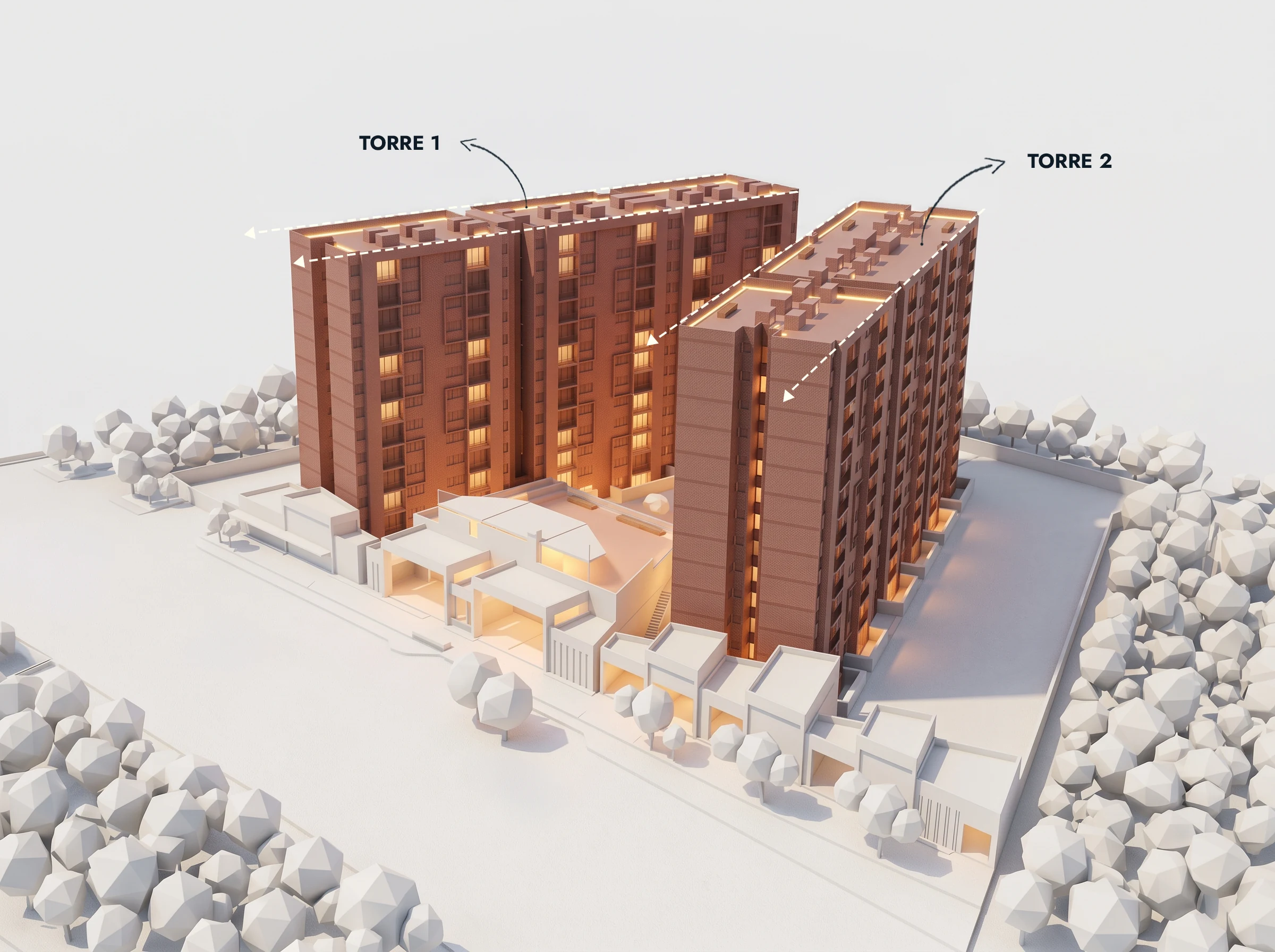 Dos torres de trece pisos, con doce apartamentos por piso, se paran hacia el fondo del predio y reúnen las 312 viviendas lejos de los bordes duros.