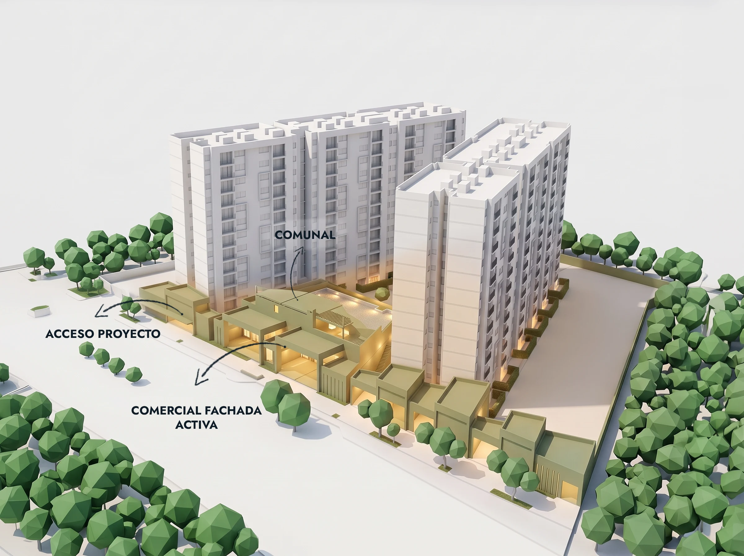 Sobre el andén, los locales comerciales, el acceso al proyecto y el edificio comunal arman una fachada activa que entrega vida a la calle.