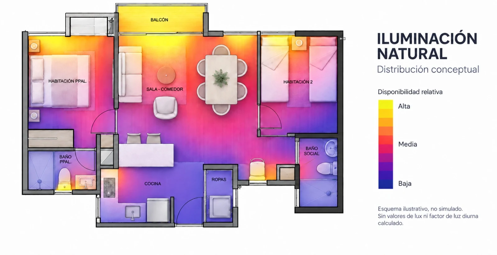 Distribución conceptual de la luz natural en el apartamento tipo: mayor en el balcón y las alcobas, menor hacia la cocina y los baños.