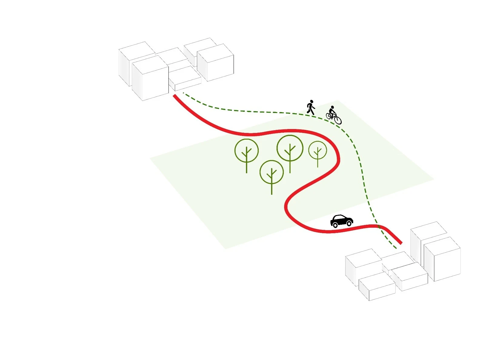 Interconexión. Una línea vehicular y una peatonal y de bicicleta cruzan el vacío y articulan los dos costados de la ciudad.
