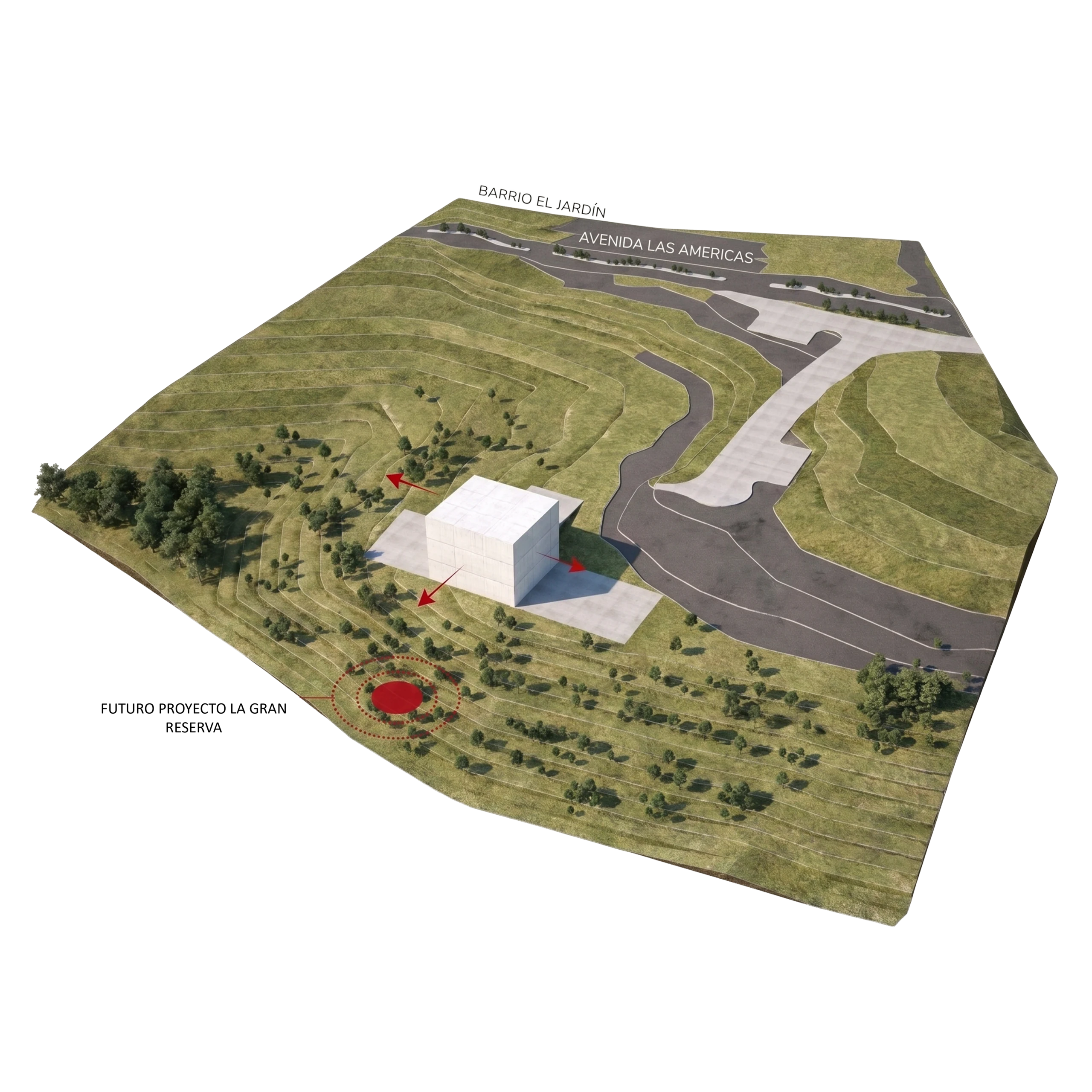 Ubicación estratégica y aprovechamiento de las visuales. Las flechas marcan los conos visuales que el recorrido interior recoge uno por uno.