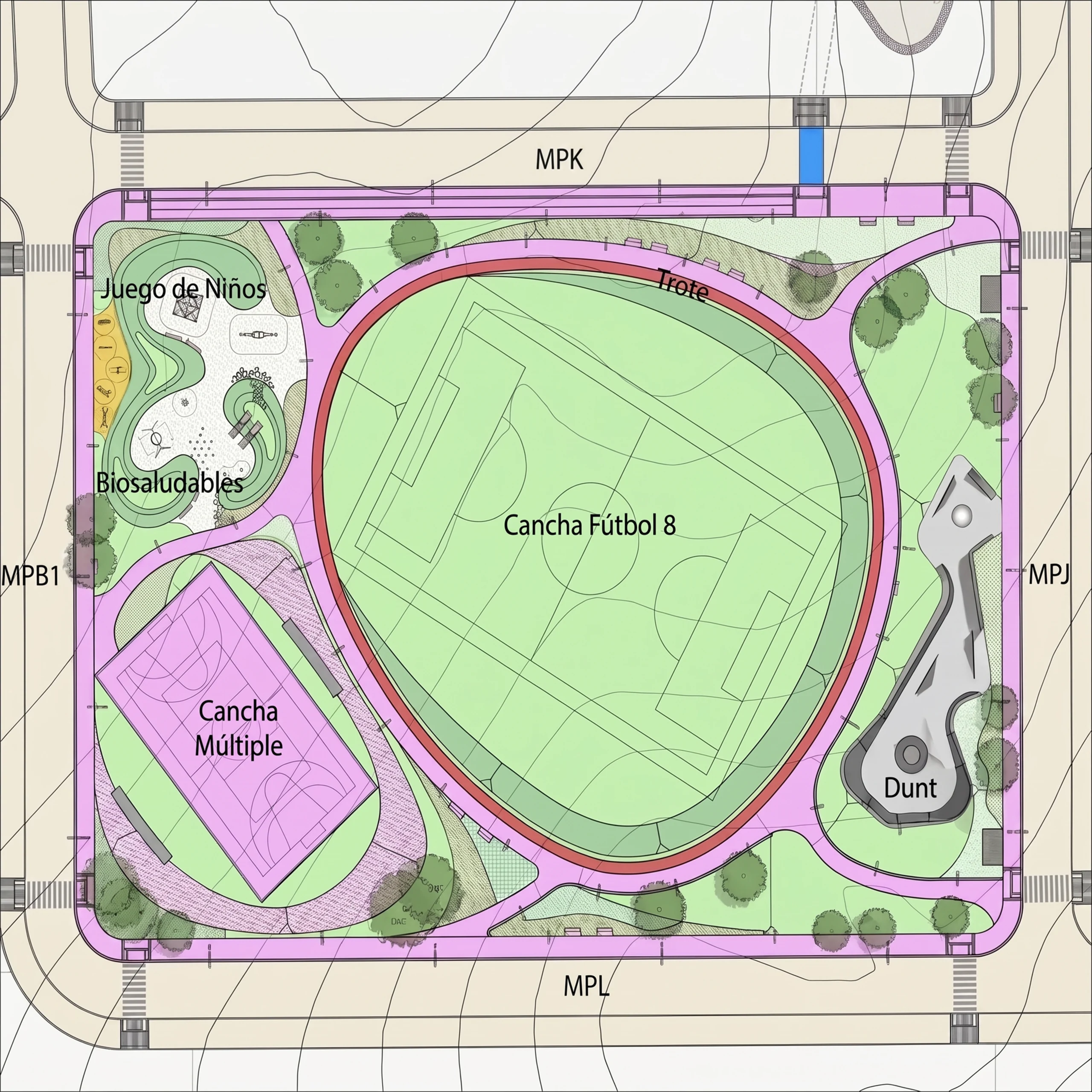 Planta del parque deportivo: la cancha de fútbol 8 al centro, el anillo de trote envolviéndola y, en los bordes, la cancha múltiple, los juegos infantiles y las máquinas biosaludables.