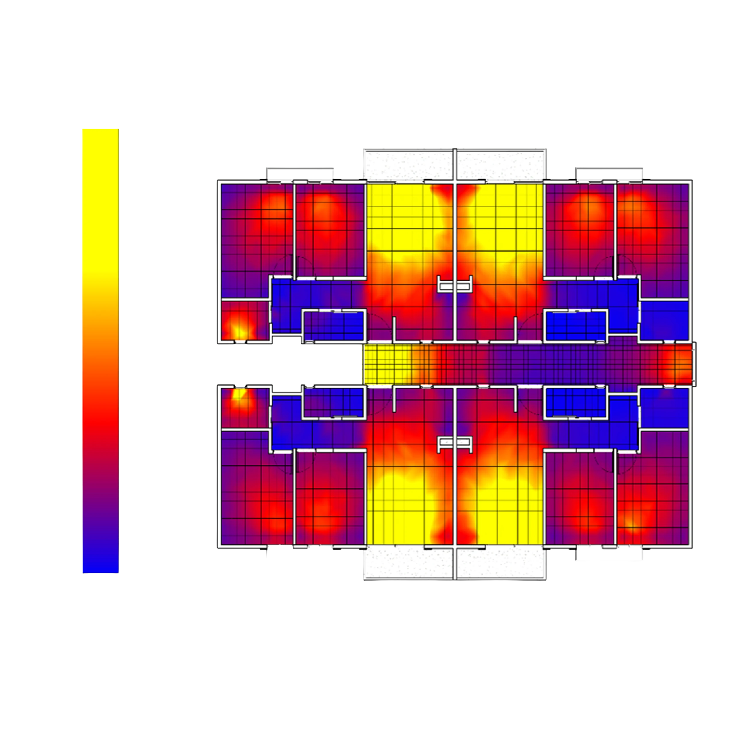 Simulación de iluminación natural de la planta tipo: los recintos habitables se concentran donde la luz del día es más generosa y los servicios ocupan las zonas menos iluminadas.